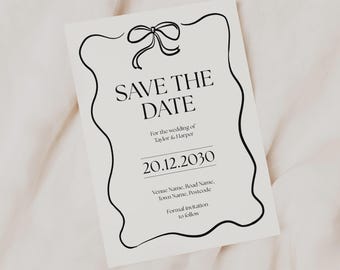 Ribbon Bow Save the Date, Modern Black & White Design, Minimalist Wedding Announcement