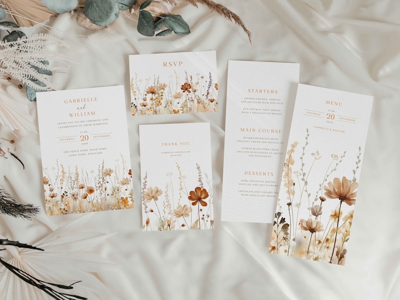 Autumn themed wildflower wedding stationery