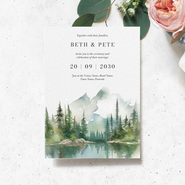 Forest Wedding Invitation, Outdoor Wedding Invitation, Woodland Wedding Invitations, Mountain Wedding Invitation, Green Wedding invites