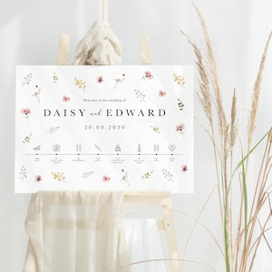 Wildflower Wedding Welcome Sign, Pressed Floral Order of the Day, Rustic Spring Summer Botanical Design image 1