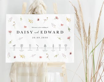 Wildflower Wedding Welcome Sign, Pressed Floral Order of the Day, Rustic Spring Summer Botanical Design