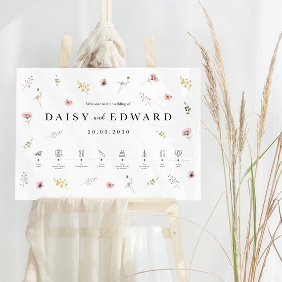 Wildflower Wedding Welcome Sign, Pressed Floral Order of the Day, Rustic Spring Summer Botanical Design