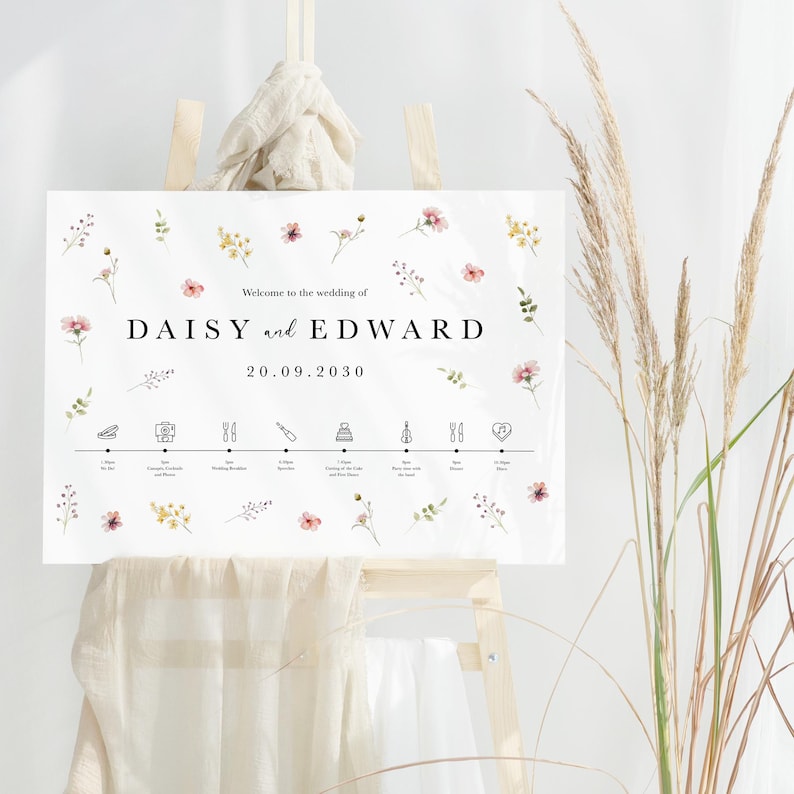 Wildflower Wedding Welcome Sign, Pressed Floral Order of the Day, Rustic Spring Summer Botanical Design image 1