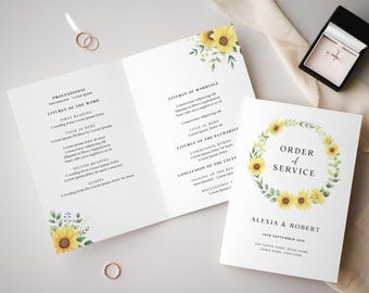 Zonnebloem bruiloft order of service, rustiek landelijk geel bloemdessin, zomer bruiloft briefpapier