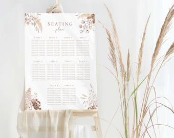 Boho Wedding Seating Chart Board, Autumn Dried Florals, Pampas Table Plan, Personalised Fall Wedding