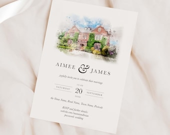Watercolour Wedding Venue Invitation, Custom Illustrated Venue Invite, Personalised Hand Painted Style Wedding Stationery, Printed Invite