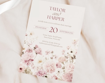 Blush Pink Floral Wedding Invitation, Romantic Dusty Rose Botanical Design, Elegant Reception Invite Set
