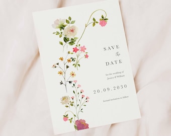 Wildflower Wedding Save the Date Cards, Colourful Spring Summer Floral Wedding Announcement, Romantic Botanical Stationery