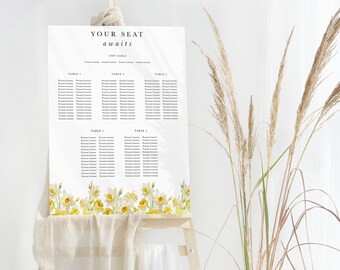 Personalised Daffodil Wedding Table Plan, Printed Yellow Floral Seating Plan Board, Spring Flower Wedding Seating Chart, Large A1 A2 Board