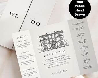 Custom Hand Drawn Venue Illustration Gatefold Wedding Invitation, Personalised Building Sketch Invite, Printed Stationery, Personalized Set