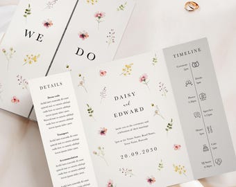 Wildflower Wedding Invitations, Pressed Flower Design Gatefold Invite Set, Rustic Spring Wedding Stationery, Custom Botanical Card Suite Set