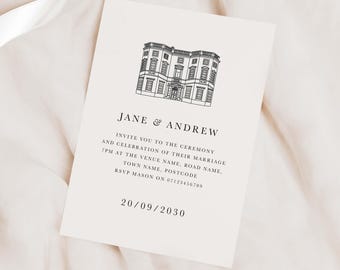 Custom Venue Illustration Wedding Invitations, Bespoke Line Drawn Design, Personalised Printed Stationery Set