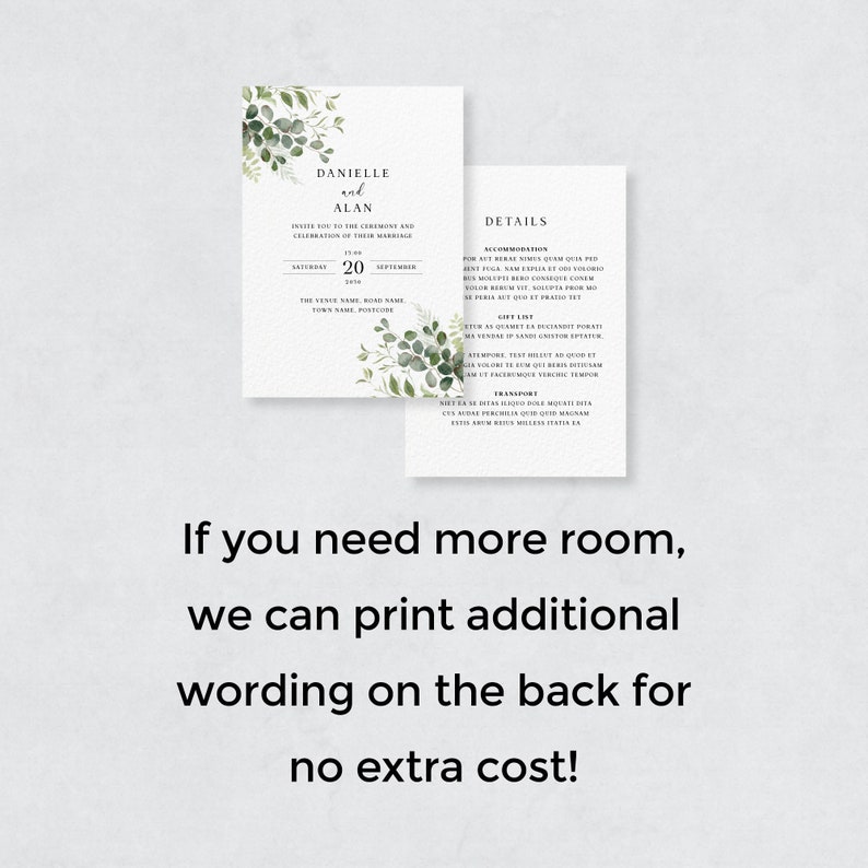 May include: A wedding invitation featuring a green leafy design. The invitation is for Danielle and Alan and is scheduled for 20 September. The invitation includes details about the venue, date, and time of the wedding. The back of the invitation includes details about accommodation, gift list, and transport.