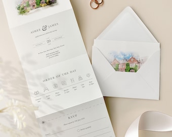 Könnte beinhalten: Eine Hochzeitseinladung von Aimee & James mit einer Aquarell-Illustration eines Hauses. Die Einladung enthält das Datum, die Uhrzeit und den Ort der Hochzeit sowie eine RSVP-Karte.