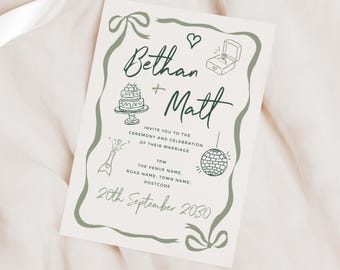 Green Wedding Invitation, Hand-Drawn Doodle Invite, Whimsical Fun Modern Personalised Illustrated Wedding Card
