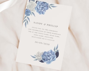 May include: A wedding invitation with blue and white floral designs. The invitation reads "Sandy & Phillip" and includes the date "20/09/2030".