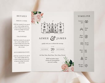 Custom Venue Gatefold Wedding Invitations, Line Drawing Venue Illustration with Floral Wedding Invitation Design