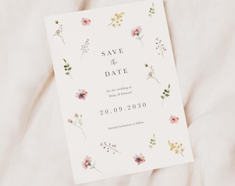 Wildflower Wedding Save the Date, Botanical Floral Announcement Card, Rustic Printed Stationery, Pressed Flower Design