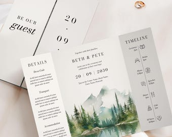 Green Forest Wedding Invitations Gatefold, Personalised Woodland Wedding Invitations, Rustic Mountain & Outdoor Woodland Wedding Invite Set
