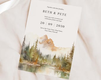 Forest Wedding Invitation, Outdoor Woodland Autumn Invite, Rustic Boho Mountain Wedding Card