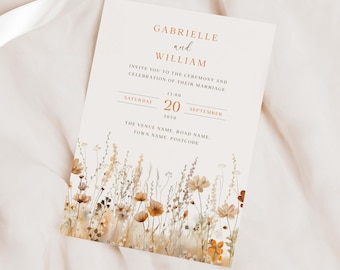 May include: Wedding invitation with a floral design in shades of brown, beige, and white. The invitation reads "Gabrielle and William invite you to the ceremony and celebration of their marriage. Saturday, September 20, 2030, 1:00 PM. The Venue Name, Road Name, Town Name, Postcode."