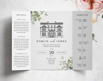 Wedding Venue Gatefold Invitation, Personalised Wedding Invite, Illustrated Wedding Venue Invite, Custom Venue Wedding Invitation, Greenery