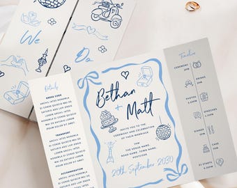 Blue Gatefold Wedding Invitation, Hand Drawn Doodle Style Invite, Fun Modern Quirky Wedding Stationery