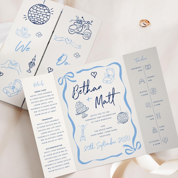Blue Gatefold Wedding Invitation, Hand Drawn Doodle Style Invite, Fun Modern Quirky Wedding Stationery