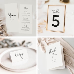 Pacote de amostras de papelaria para casamento, incluindo menu, marcadores de lugar, cartões de agradecimento e números de mesa.