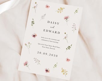 Wildflower Wedding Invitations, Botanical Floral Invite Set, Romantic Scattered Flower Design, Spring Wedding Stationery, Personalised Card