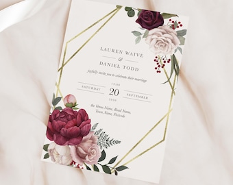 Burgundy and Blush Wedding Invitation, Elegant Rose Floral Design, Red and Pink Printed Stationery