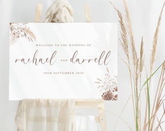 Printed Brown Floral Wedding Welcome Sign, Personalised Neutral Wedding Welcome Sign Beige Floral Design, Brown Beige Wedding Welcome Sign