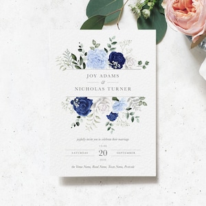 Royal Blue Wedding Invitation, Navy Blue Rose Wedding Invite, Wedding Invitations, Floral Wedding Invitation, Blue and White Wedding Invites