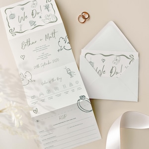 Hand-Drawn Concertina Wedding Invite, Green Doodle Folded Design with Free RSVP & Details