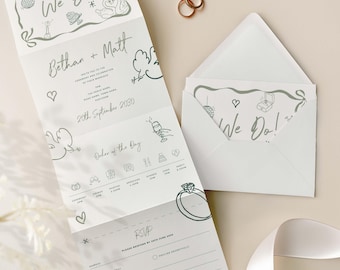 "Handgezeichnete ""Conzertina"" Hochzeitseinladung, rotes Gekritzel Design mit gratis Antwort auf Ihre Fragen und Details