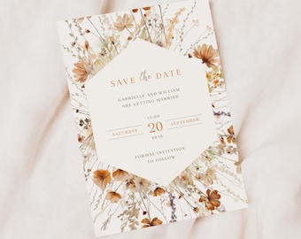 Höstbröllops-Spara-datum-kort, Rustikt vildblommigt boho blommigt bröllopsbrevpapper, Orangebrunt höstbröllopsmeddelande
