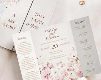 Blush Pink Floral Gatefold Wedding Invitations, Dusty Rose Romantic Wedding Invite Set, Elegant Printed Wedding Suite, Personalised Card