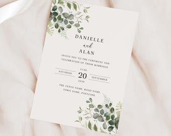 Greenery Wedding Invitation, Eucalyptus Foliage Invite, Sage Green Rustic Botanical Personalised Wedding Card