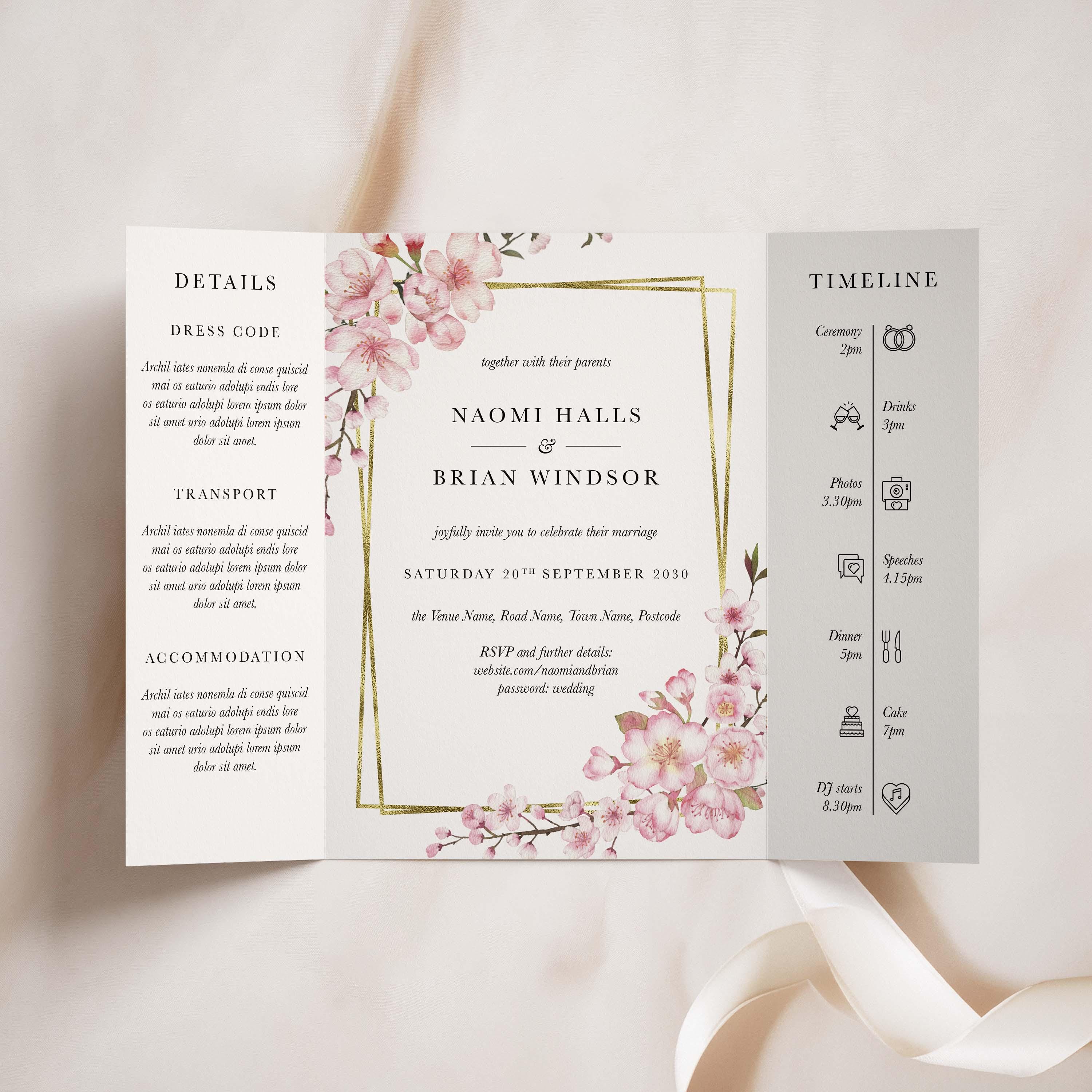 Cherry Blossom Gatefold Wedding Invitation, Blush Sakura Floral