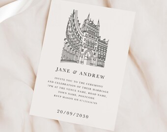May include: A black and white wedding invitation with a line drawing of a building. The invitation reads "Jane & Andrew" and includes the date "20/09/2030".