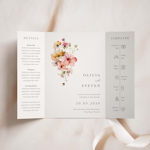 May include: A wedding invitation with a watercolor floral design in shades of pink, yellow, and green. The invitation features the names Olivia and Steven, the date 20.09.2030, and the time 7pm. The invitation also includes a timeline of events for the wedding day.