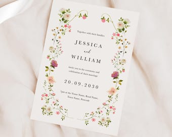 Floral Wildflower Wedding Invitation, Rustic Boho Garden Invite Cards for Spring and Summer Weddings