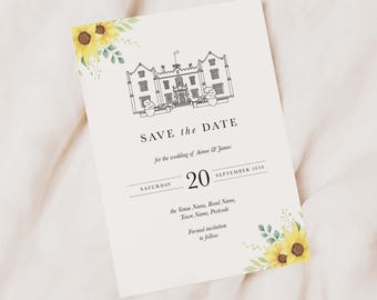 Custom Wedding Venue Save the Date, Personalised Sketch Wedding Announcement, Bespoke Drawing with Free Envelopes