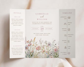Puede incluir: Invitación de boda con un diseño floral. La invitación es para Gabrielle y William, y la boda es el 20 de septiembre de 2038. La invitación incluye detalles sobre el código de vestimenta, el transporte y el alojamiento.