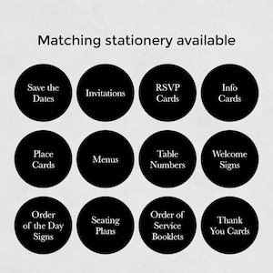 May include: Image showcasing various wedding stationery options, including Save the Dates, Invitations, RSVP Cards, and Thank You Cards. Each option is presented on a black circular background with white text, all under the headline "Matching stationery available."