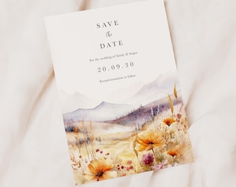 Spara datumet, Bröllopsmeddelande med vildblommande äng, Rustikt blomsterdesign med gratis kuvert