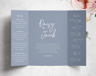 Dusty Blue Wedding Invitation, Gatefold Invitation, Simple Wedding Invitation, Order of the Day Timeline, Modern Wedding Invitation