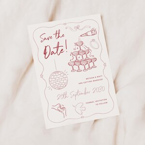 May include: Save the Date! A pink and white wedding invitation with a champagne tower, disco ball, and the text "Bethan & Matt are getting married! 20th September 2030. Formal invitation to follow."