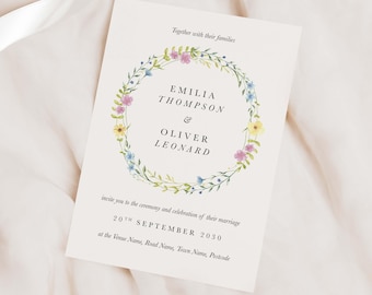 Wildflower Wreath Wedding Invitation, Colourful Botanical Summer Wedding Invite, Meadow Wedding Stationery, Personalised Printed Invites