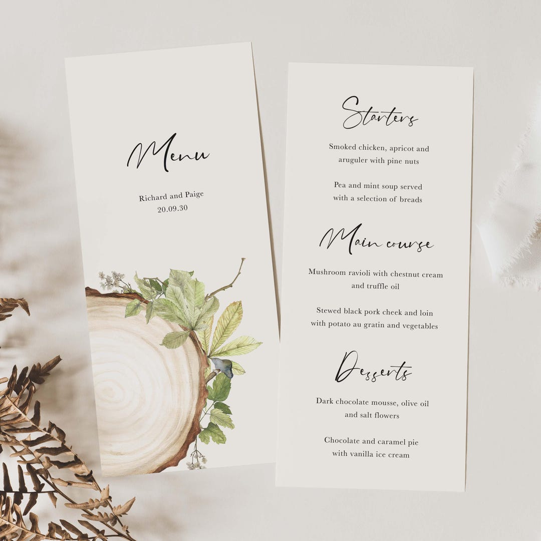 Rustic Wood Slice Wedding Menu Card, Botanical Forest Wedding Menu ...